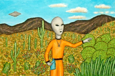 Schilderij getiteld "Gray Alien Explores…" door Stephen Warde Anderson, Origineel Kunstwerk, Acryl Gemonteerd op Andere stij…