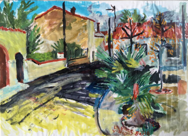 Painting titled "La Place Villeneuve" by Stephen West, Original Artwork, Gouache