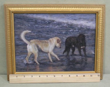 Painting titled "Dogs on the beach" by Stere Grant, Original Artwork, Oil