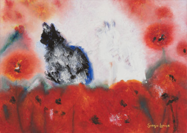 Katzen im Mohnfeld Malerei mit dem Titel "Katzen im Mohnfeld" von Karin Sternberg, Original-Kunstwerk, Öl
