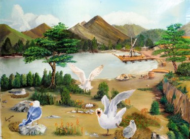 Ζωγραφική με τίτλο "gull colony-αποικια…" από Christos Sterniotis, Αυθεντικά έργα τέχνης, Λάδι