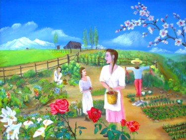 Painting titled "The Garden" by Christos Sterniotis, Original Artwork, Oil