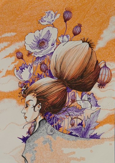 Dessin intitulée "Fleur de Pavot" par Stetiar, Œuvre d'art originale, Encre