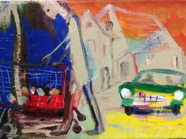 Painting titled "Shopping Trolley" by Steve Phillips, Original Artwork, Oil Mounted on Wood Stretcher frame