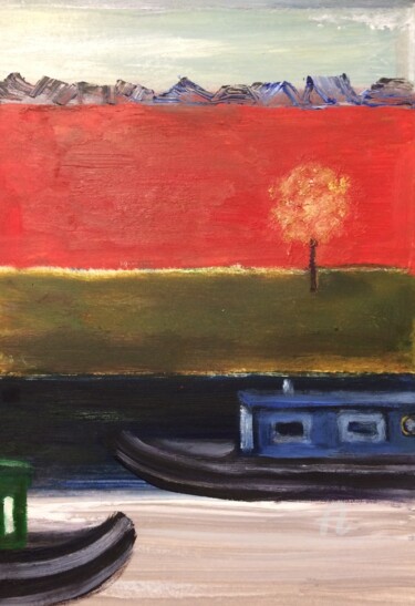Painting titled "The Canal Boats" by Steve Phillips, Original Artwork, Oil