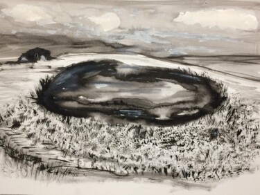 Картина под названием "House on the lake" - Steve Phillips, Подлинное произведение искусства, Чернила