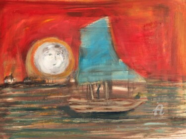 Картина под названием "Dhow at sunset" - Steve Phillips, Подлинное произведение искусства, Масло