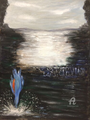 Malerei mit dem Titel "Diving Blue Kingfis…" von Steve Phillips, Original-Kunstwerk, Öl