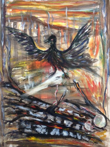 Schilderij getiteld "Phoenix flies out o…" door Steve Phillips, Origineel Kunstwerk, Olie