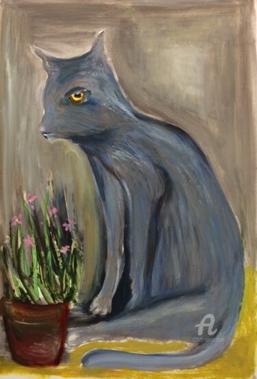 Schilderij getiteld "The Blue Cat" door Steve Phillips, Origineel Kunstwerk, Olie
