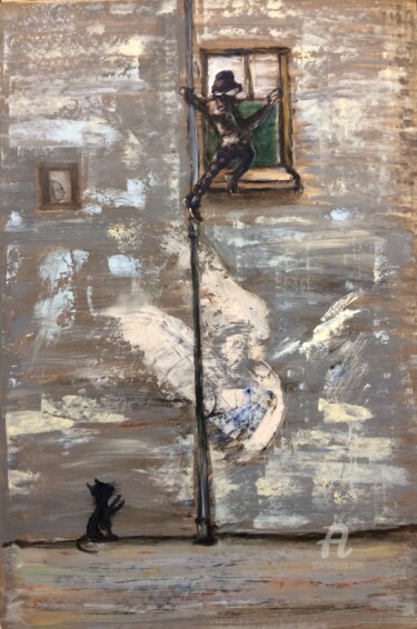 Pintura intitulada "Cat and climber" por Steve Phillips, Obras de arte originais, Óleo