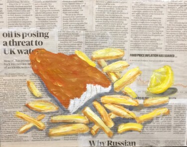 Painting titled "Fish and Chips" by Steve Phillips, Original Artwork, Oil Mounted on Wood Panel