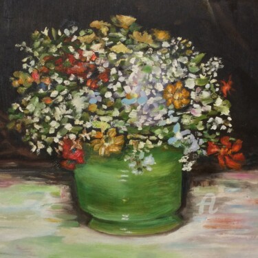 Ζωγραφική με τίτλο "Flowers in a green…" από Steve Phillips, Αυθεντικά έργα τέχνης, Λάδι Τοποθετήθηκε στο Ξύλινο φορείο σκελ…