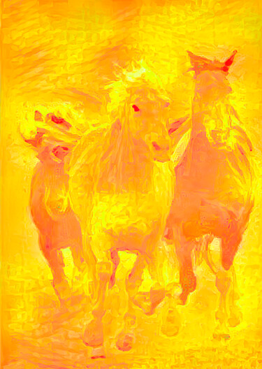 Digital Arts titled "Trois chevaux d'or…" by Steve Awhtz, Original Artwork, Digital Painting Mounted on Wood Stretcher frame