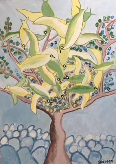 Peinture intitulée "L'arbre au oiseaux" par Steve Soobben, Œuvre d'art originale, Huile
