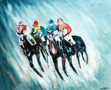 Painting titled "Les cavaliers au ga…" by Steve Soobben, Original Artwork, Oil