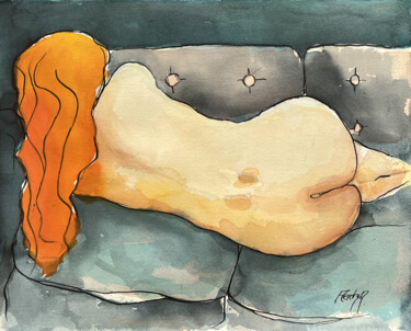 Zeichnungen mit dem Titel "Modèle endormie" von Stewart Fletcher, Original-Kunstwerk, Aquarell