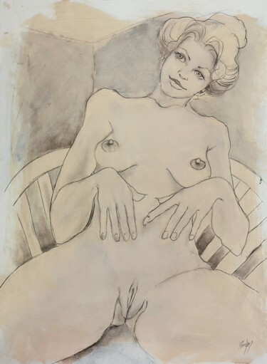 Dibujo titulada "Modèle nu en chaise…" por Stewart Fletcher, Obra de arte original, Grafito