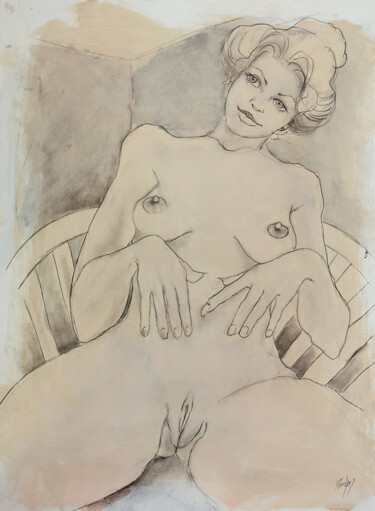 Dessin intitulée "Modèle nu en chaise…" par Stewart Fletcher, Œuvre d'art originale, Graphite