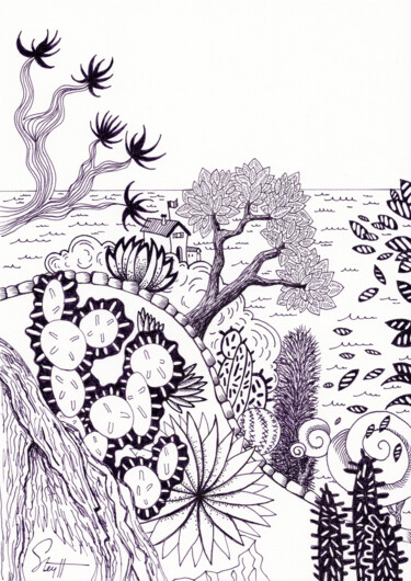 Rysunek zatytułowany „Eze village” autorstwa Steyff, Oryginalna praca, Długopis żelowy