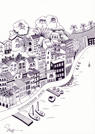 Zeichnungen mit dem Titel "Villefranche-sur-mer" von Steyff, Original-Kunstwerk, Gel Stift