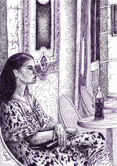 "Femme à la terrasse…" başlıklı Resim Steyff tarafından, Orijinal sanat, Mürekkep