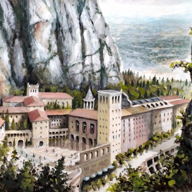 Painting titled "Montserrat" by Stjepan Lezaic (Pepi), Original Artwork, Watercolor