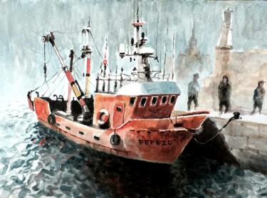 Pintura intitulada "Barco en el puerto" por Stjepan Lezaic (Pepi), Obras de arte originais, Aquarela