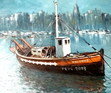 Pintura titulada "Barco de pesca en e…" por Stjepan Lezaic (Pepi), Obra de arte original, Oleo