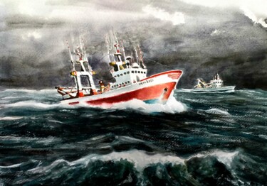 Painting titled "Temporal en el mar…" by Stjepan Lezaic (Pepi), Original Artwork, Watercolor