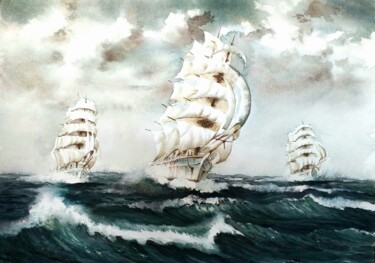 Pittura intitolato "Tres veleros" da Stjepan Lezaic (Pepi), Opera d'arte originale, Acquarello