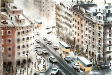 Peinture intitulée "Barcelona gran via" par Stjepan Lezaic (Pepi), Œuvre d'art originale, Aquarelle