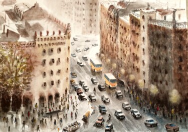 Pittura intitolato "Barcelona hora punta" da Stjepan Lezaic (Pepi), Opera d'arte originale, Acquarello