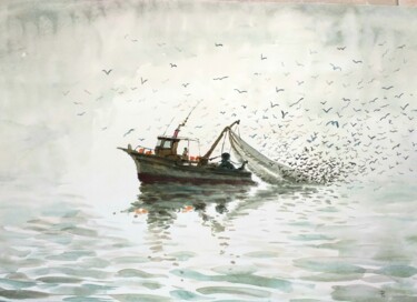 Peinture intitulée "Barco de pesca trab…" par Stjepan Lezaic (Pepi), Œuvre d'art originale, Aquarelle