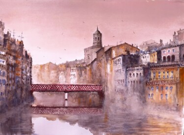 Painting titled "Girona atardecer" by Stjepan Lezaic (Pepi), Original Artwork, Watercolor