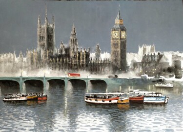 Ζωγραφική με τίτλο "Londres por la noch…" από Stjepan Lezaic (Pepi), Αυθεντικά έργα τέχνης, Ακουαρέλα