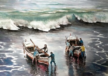 Peinture intitulée "Pescadores....salida" par Stjepan Lezaic (Pepi), Œuvre d'art originale, Aquarelle