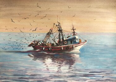 Pintura titulada "Barco de pesca....a…" por Stjepan Lezaic (Pepi), Obra de arte original, Acuarela