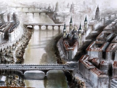 Painting titled "Zaragoza puentes an…" by Stjepan Lezaic (Pepi), Original Artwork, Watercolor