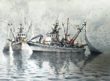 Painting titled "Barcos de pesca ...…" by Stjepan Lezaic (Pepi), Original Artwork, Watercolor