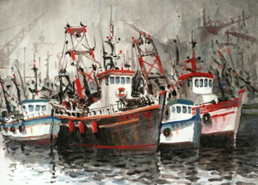 Pintura intitulada "Barcos de pesca...e…" por Stjepan Lezaic (Pepi), Obras de arte originais, Aquarela