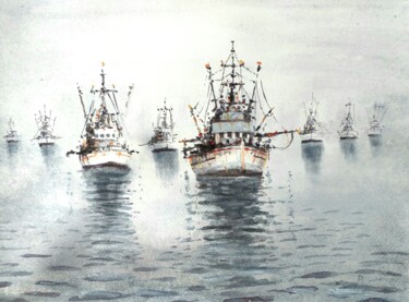 Ζωγραφική με τίτλο "Barcos de pesca...f…" από Stjepan Lezaic (Pepi), Αυθεντικά έργα τέχνης, Ακουαρέλα