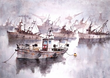 「Barcos de pesca...」というタイトルの絵画 Stjepan Lezaic (Pepi)によって, オリジナルのアートワーク, 水彩画