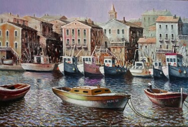 Pintura titulada "Barcos de pesca en…" por Stjepan Lezaic (Pepi), Obra de arte original, Oleo