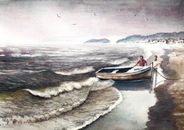 Painting titled "Los pescadores....." by Stjepan Lezaic (Pepi), Original Artwork, Watercolor