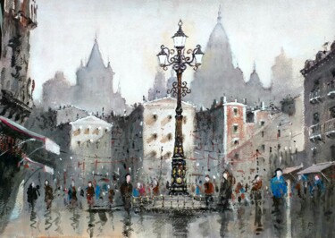 Pintura intitulada "Plaza major" por Stjepan Lezaic (Pepi), Obras de arte originais, Aquarela