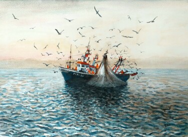 Malerei mit dem Titel "Barco de pesca..." von Stjepan Lezaic (Pepi), Original-Kunstwerk, Aquarell