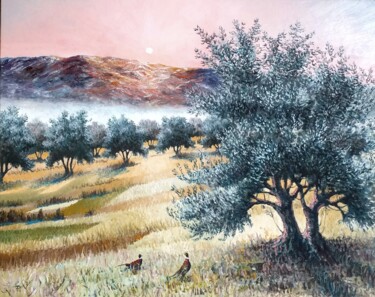 Painting titled "Olivos y faisanes" by Stjepan Lezaic (Pepi), Original Artwork, Oil