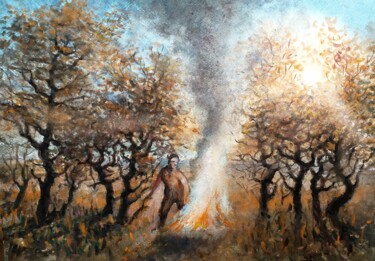 Картина под названием "Fuego en el bosque" - Stjepan Lezaic (Pepi), Подлинное произведение искусства, Акварель
