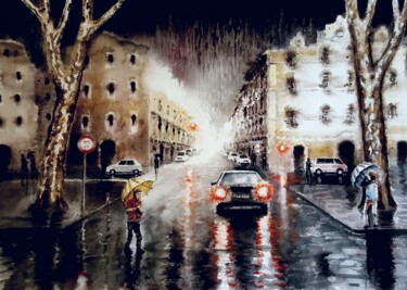 Pittura intitolato "lluvia en ciudad" da Stjepan Lezaic (Pepi), Opera d'arte originale, Acquarello